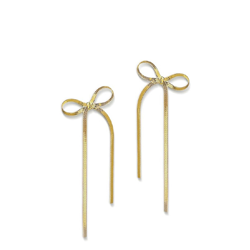 Gold Long Chain Bow Drop Tassel Earrings