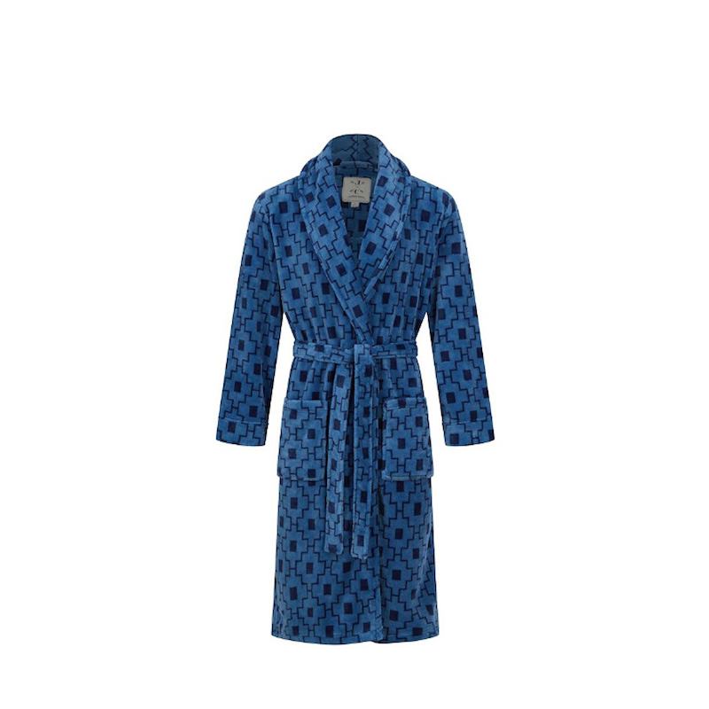 JOHN CHRISTIAN Men's Fleece Robe, Blue Geometric Pattern