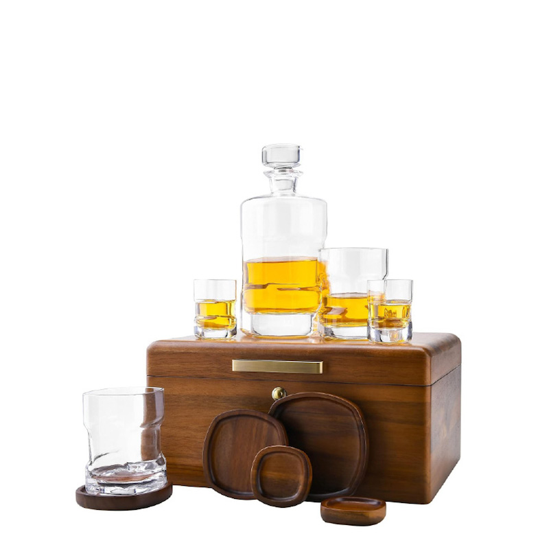 SHANIK Whiskey Decanter Set with Acacia Wood Storage Box