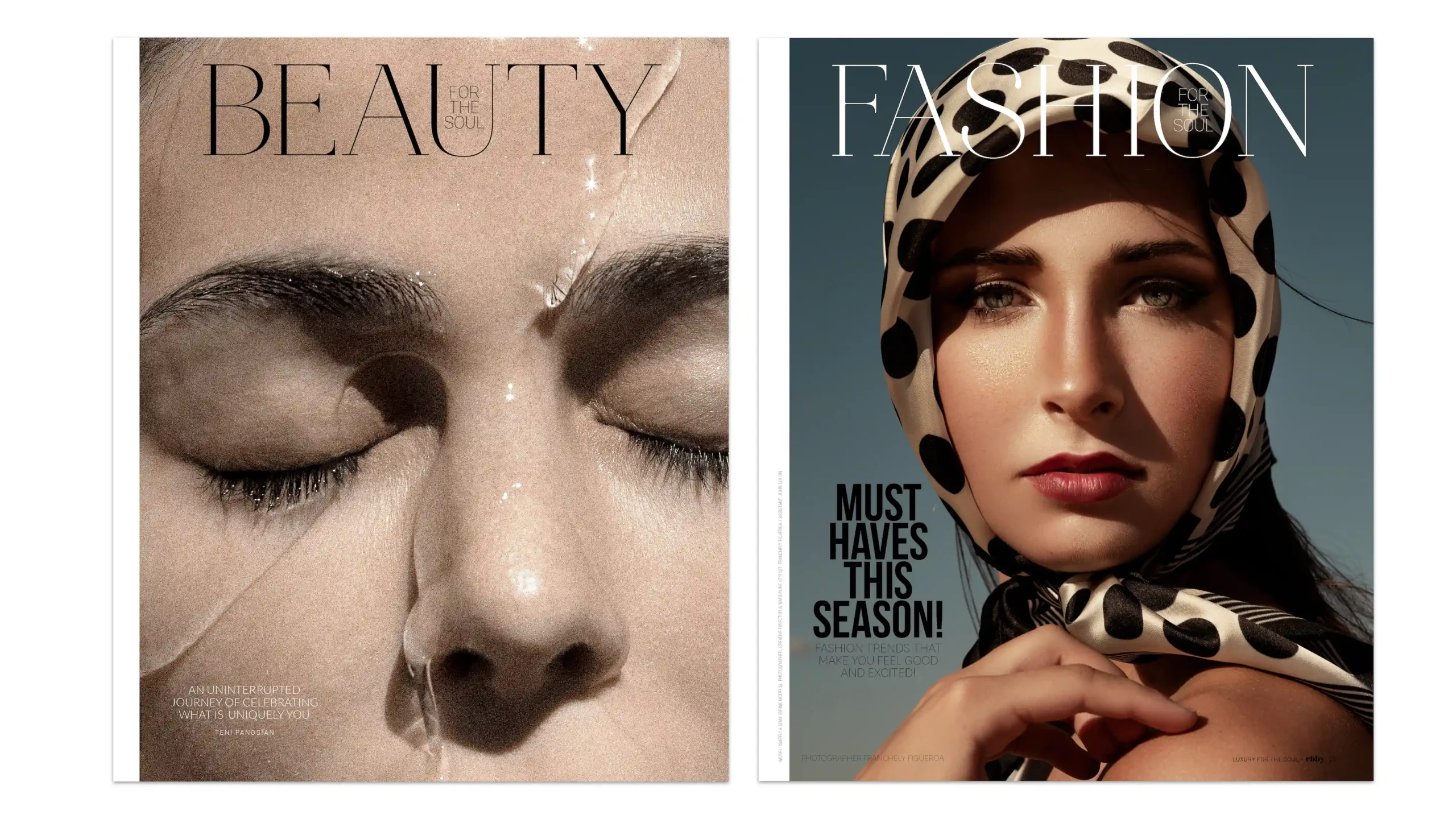 Beauty and fashion magazine covers from Ebby Magazine, showcasing luxury lifestyle and soulful design.