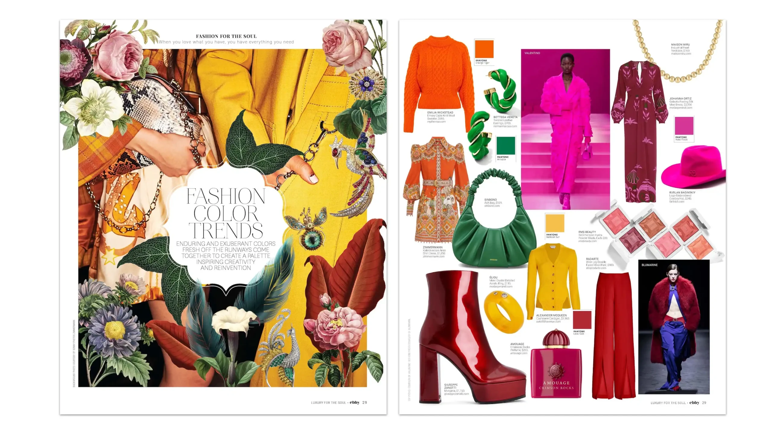 Colorful flat-lay collage showcasing seasonal fashion color trends including bright pink, mustard yellow, and vibrant accessories from the latest Ebby Magazine editorial.