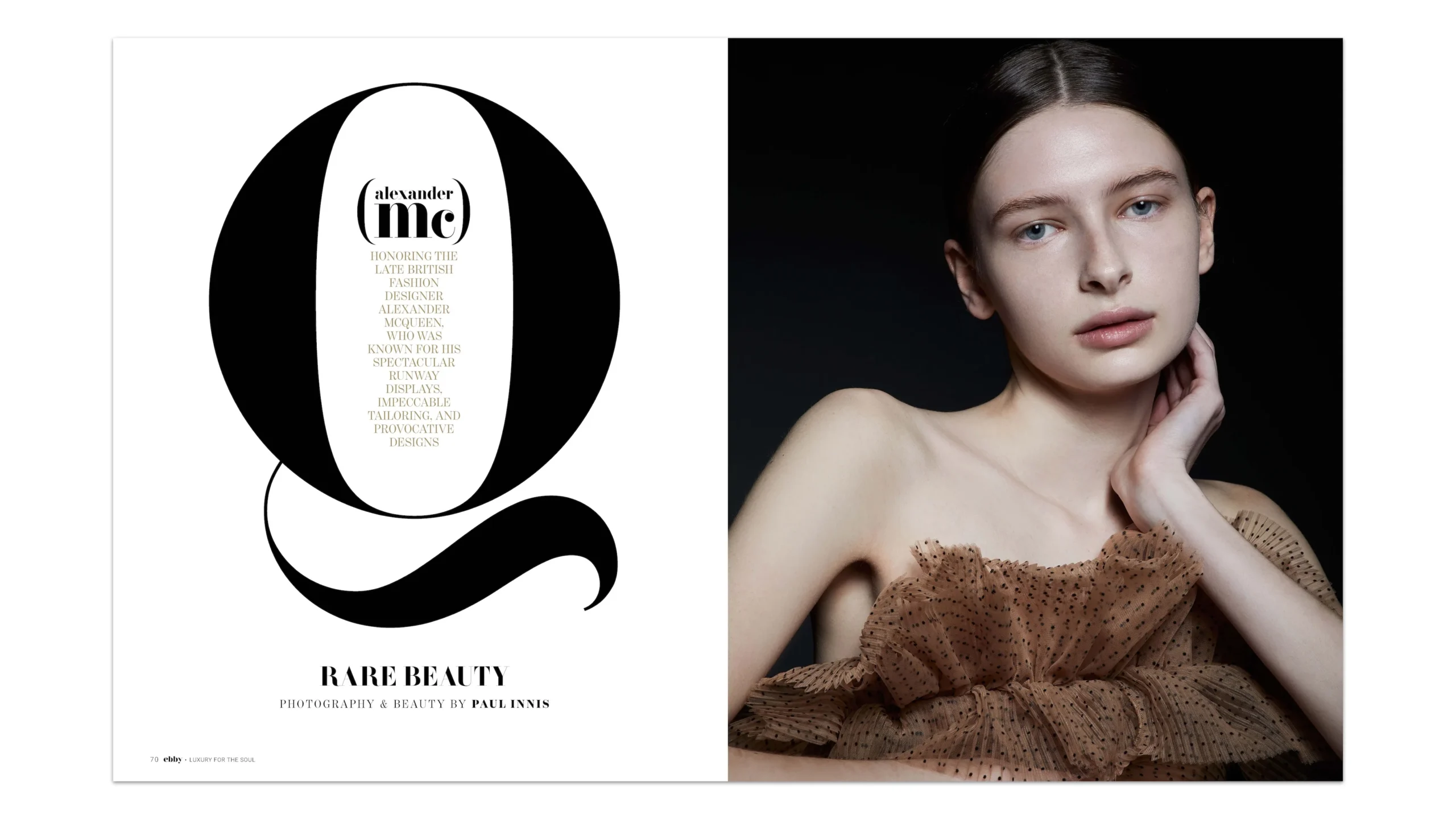 Portrait from Ebby Magazine’s Alexander McQueen fashion feature showcasing timeless elegance and editorial design.