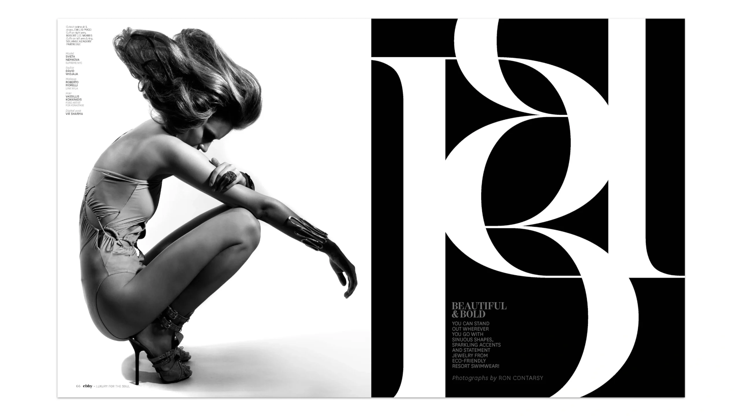 Black and white editorial image from Ebby Magazine’s fashion feature highlighting bold typography and a confident female pose.