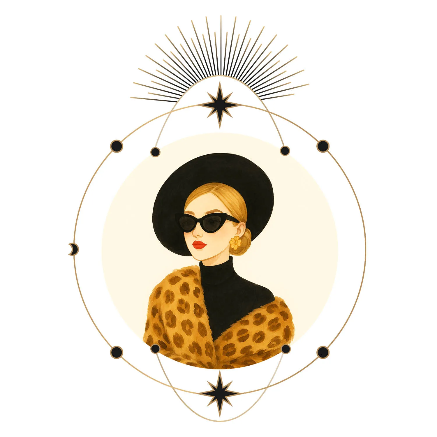 Aquarius zodiac woman in leopard coat and round sunglasses
