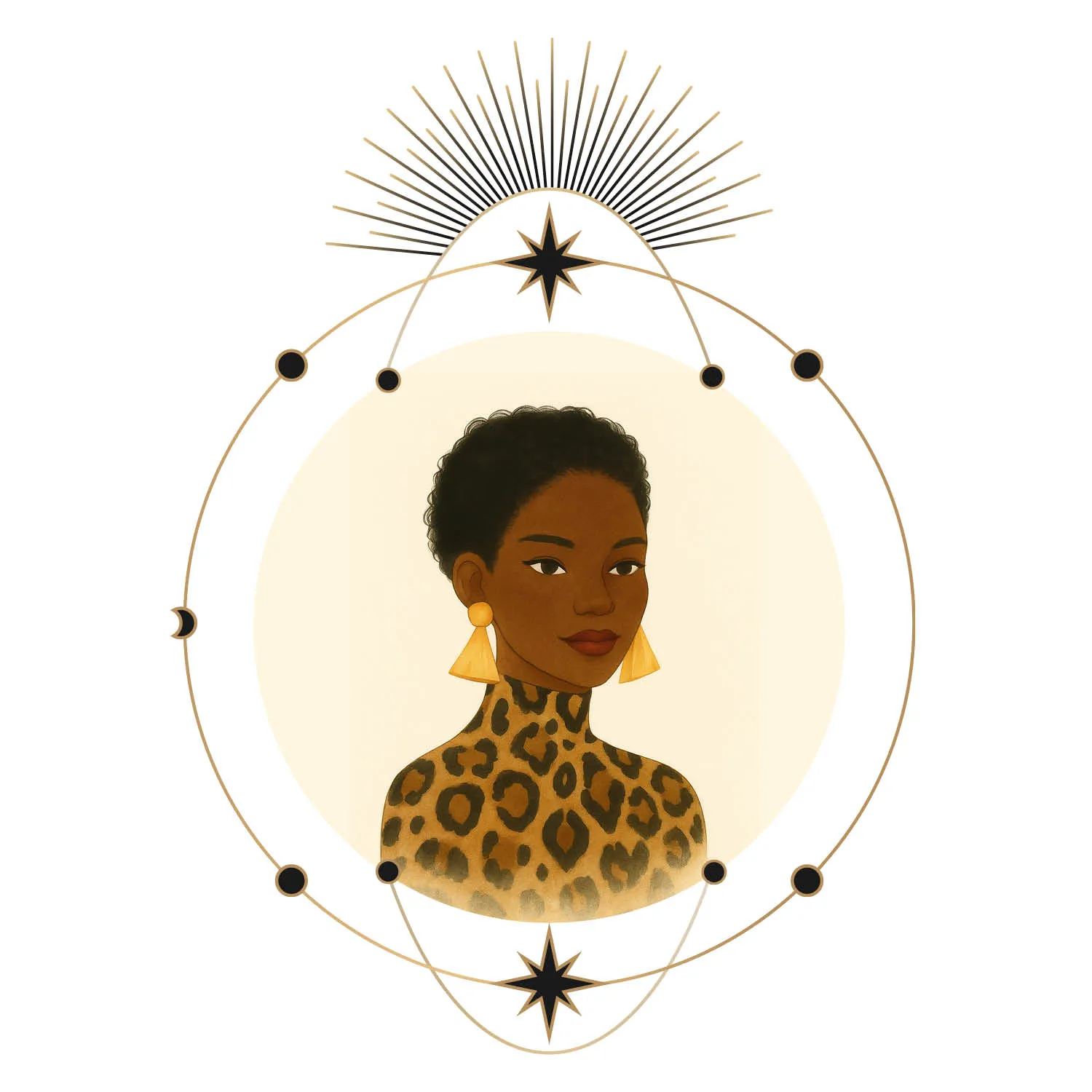 Illustrated woman with short curly hair, gold triangle earrings, and leopard print top framed by celestial stars.