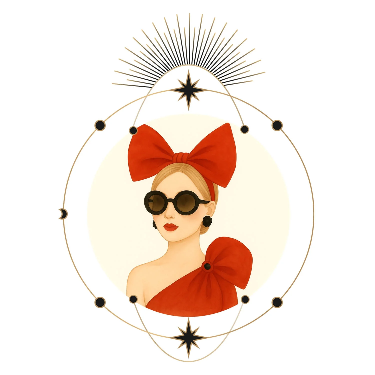 Leo zodiac woman with large red bow and sunglasses
