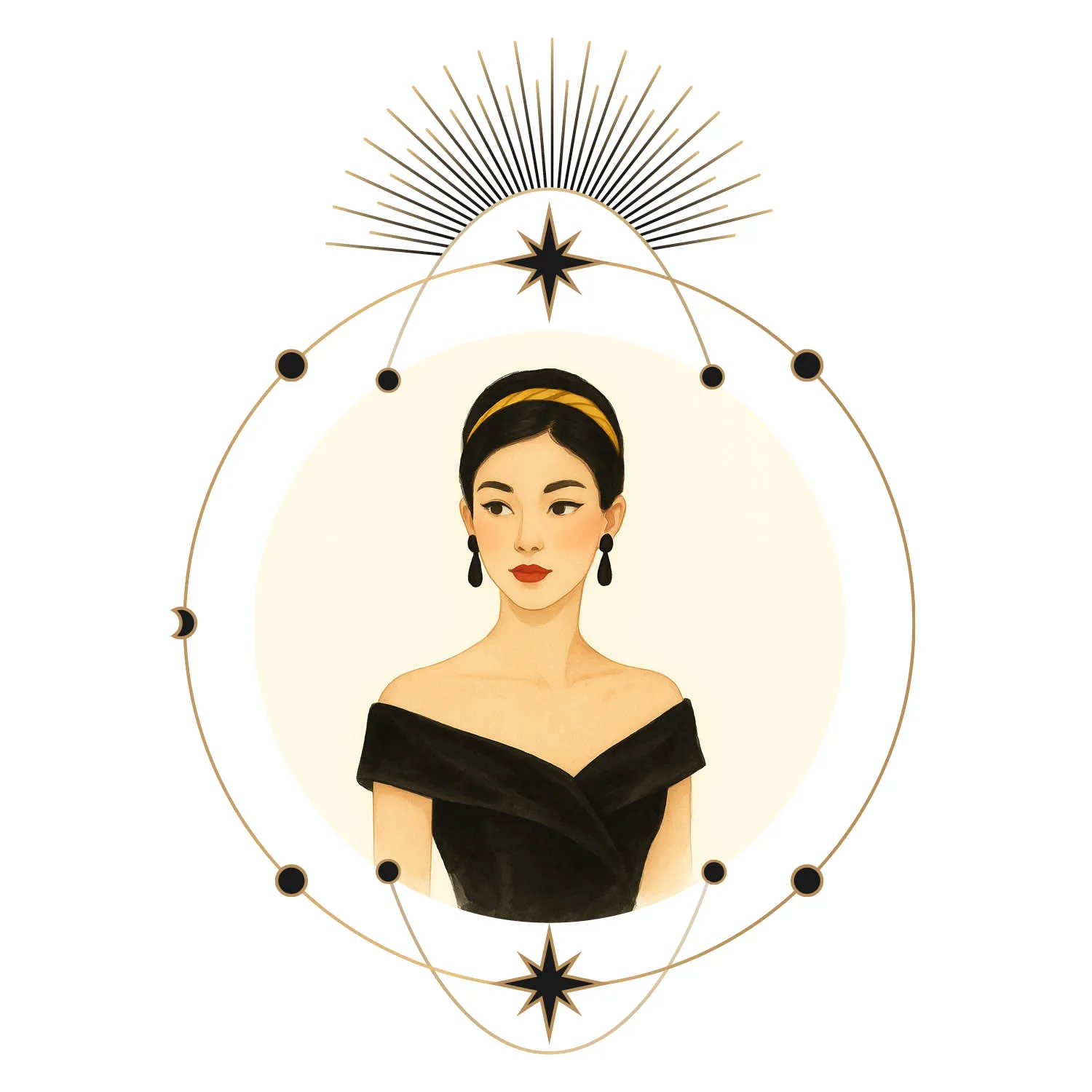 Pisces zodiac woman in black dress with golden headband