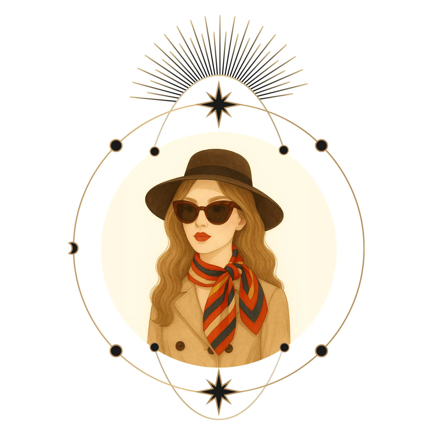 Sagittarius zodiac woman with wide-brim hat and scarf
