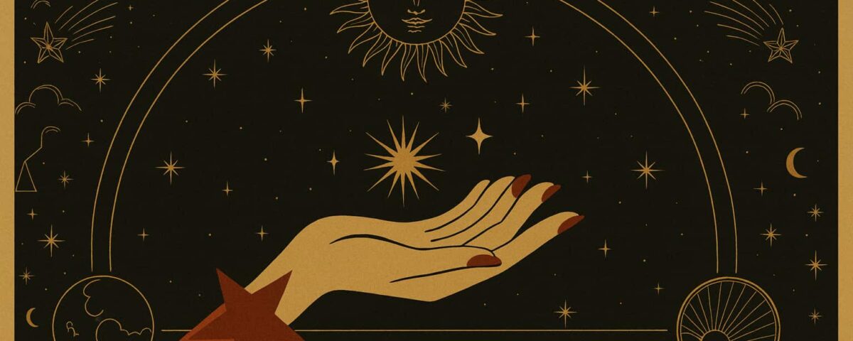 Golden celestial hand beneath stars and moon — symbolic artwork for September 2025 horoscopes by Ebby Magazine.