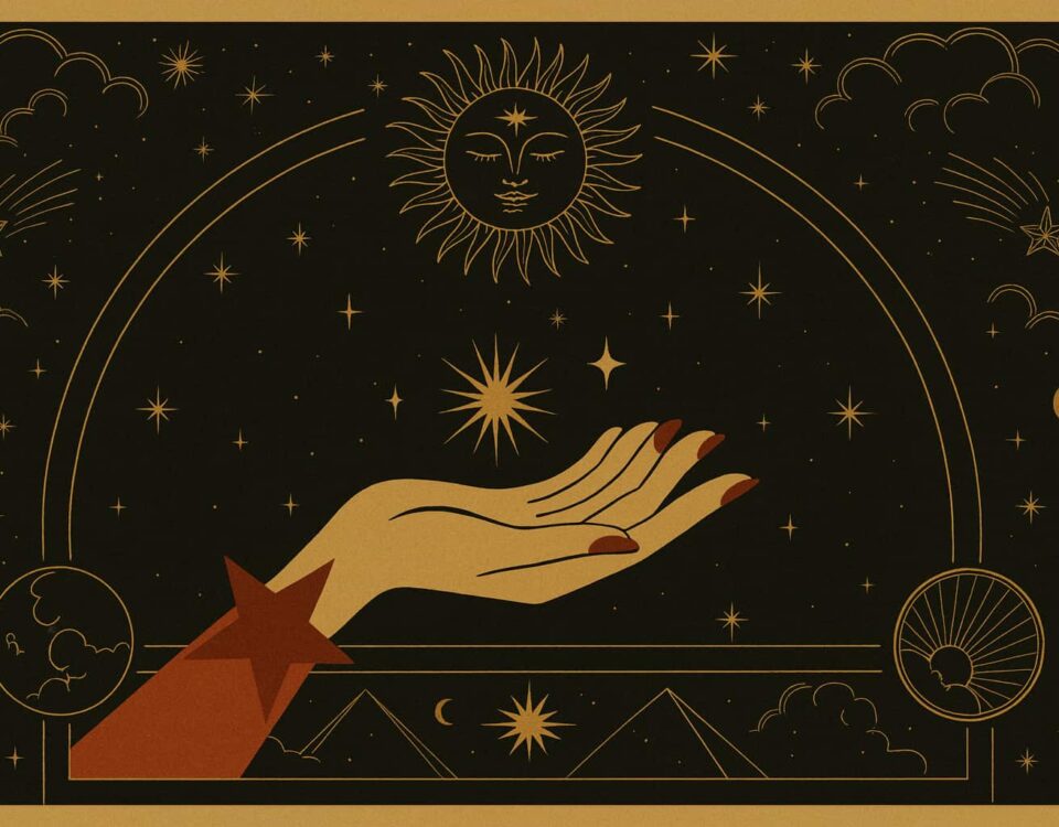 Golden celestial hand beneath stars and moon — symbolic artwork for September 2025 horoscopes by Ebby Magazine.