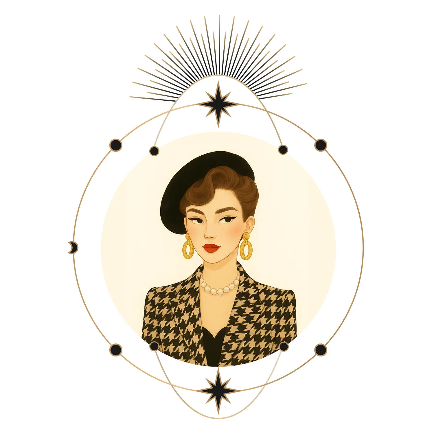 Virgo zodiac woman in houndstooth jacket and beret