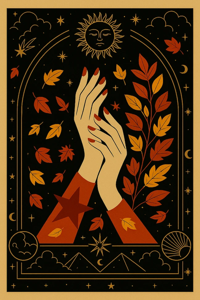 October 2025 horoscope zodiac illustration of hands with astrology symbols