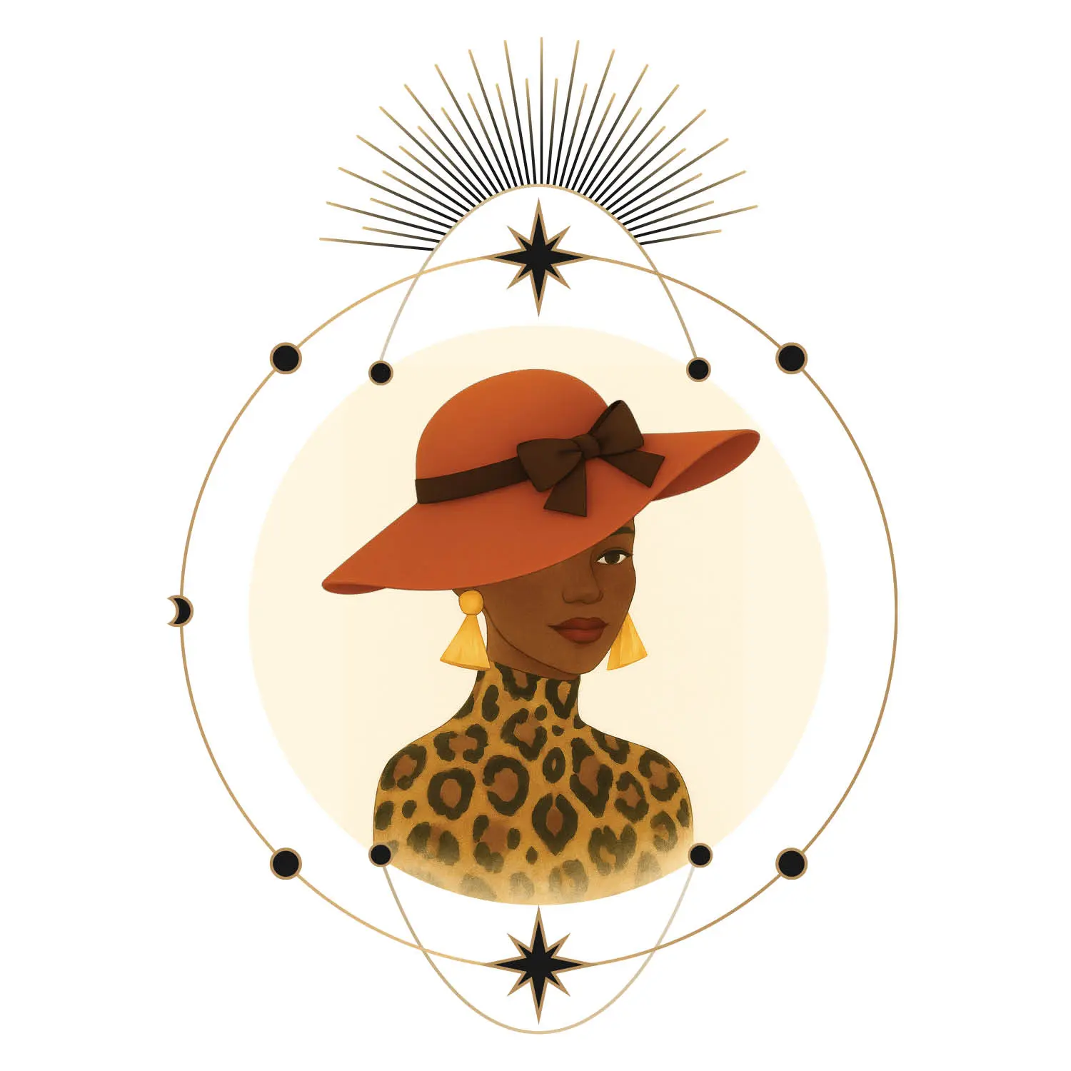 Aries Illustrated woman with short curly hair, with hat and gold triangle earrings, and leopard print top framed by celestial stars.