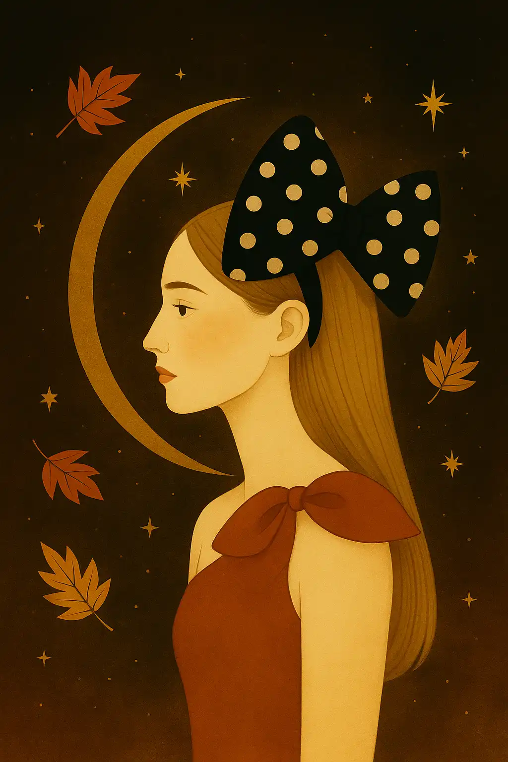 llustration of a woman with a black polka-dot bow and red dress against a celestial night sky with gold stars and autumn leaves — symbolizing soulful November horoscopes by Ebby Magazine.