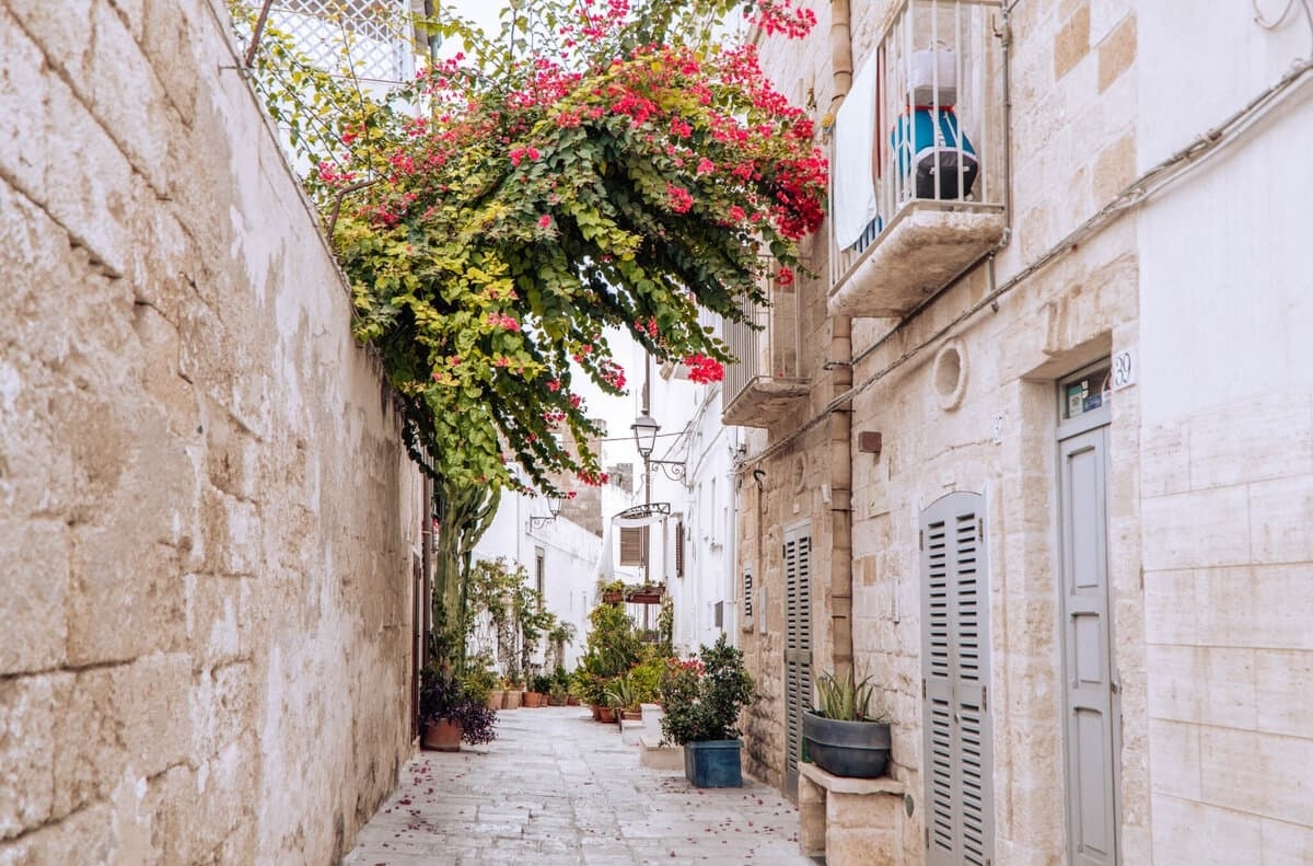 Narrow stone alley lined with whitewashed buildings and blooming bougainvillea in a historic Mediterranean town