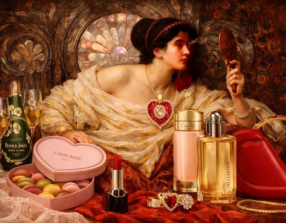 Art-inspired Valentine’s Day luxury gifts for her featuring fine fragrance, jewelry, beauty, and romantic indulgences curated with intention.