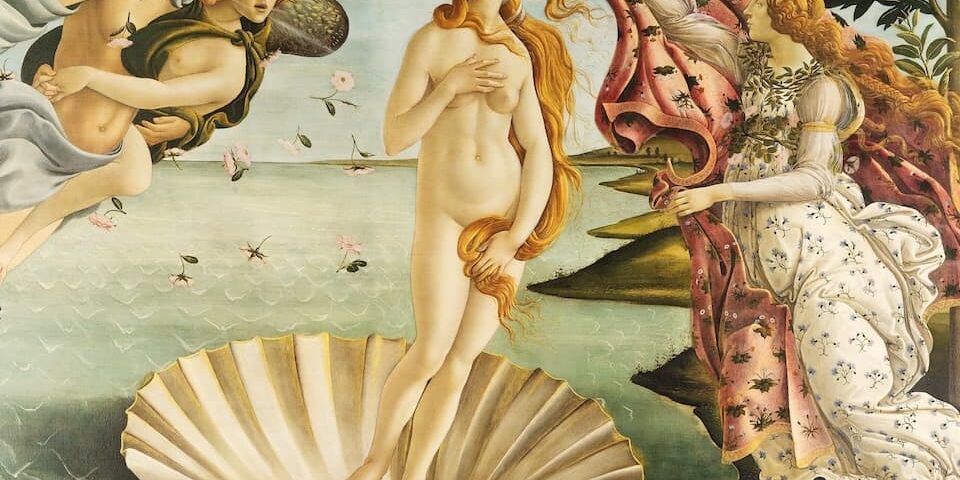 The Birth of Venus by Sandro Botticelli showing Venus emerging from the sea on a shell, symbolizing beauty, arrival, and embodiment