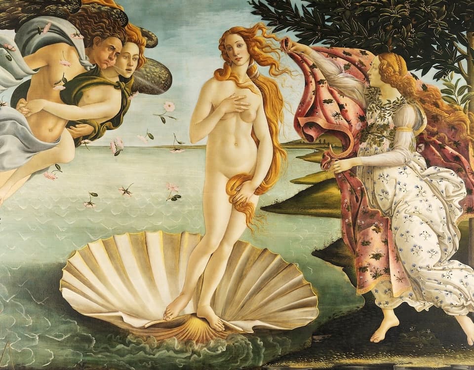 The Birth of Venus by Sandro Botticelli showing Venus emerging from the sea on a shell, symbolizing beauty, arrival, and embodiment