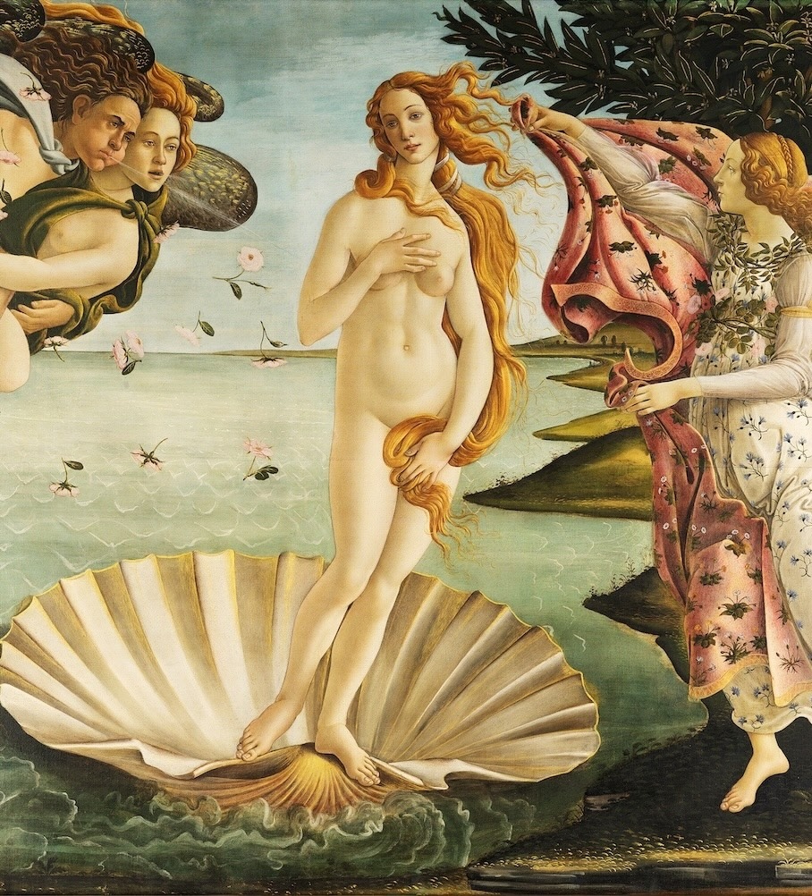 Renaissance painting of Venus emerging from the sea on a shell, the Birth of Venus by Sandro Botticelli,