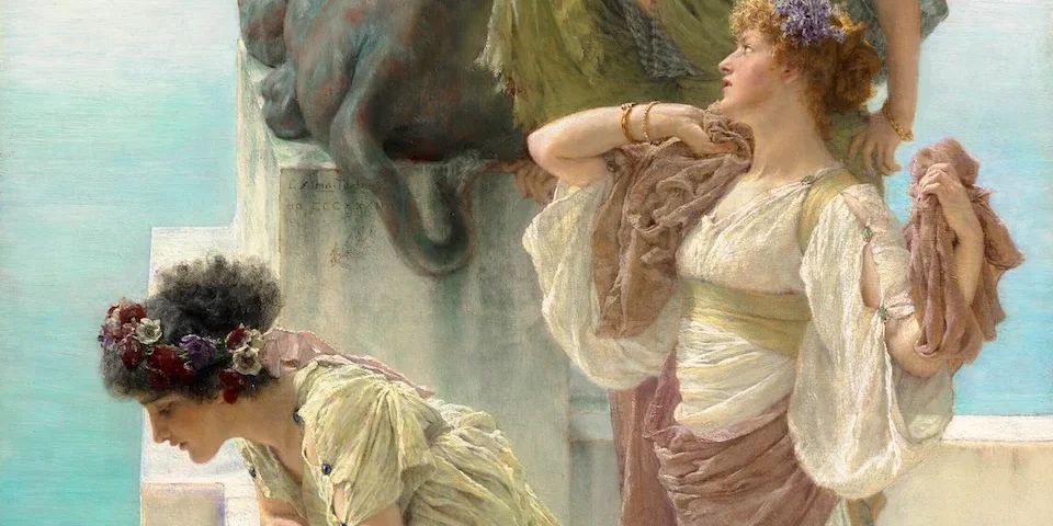 Women gathered beside the sea in flowing pastel gowns, painted by Sir Lawrence Alma-Tadema for Ebby Magazine’s June 2026 horoscopes.