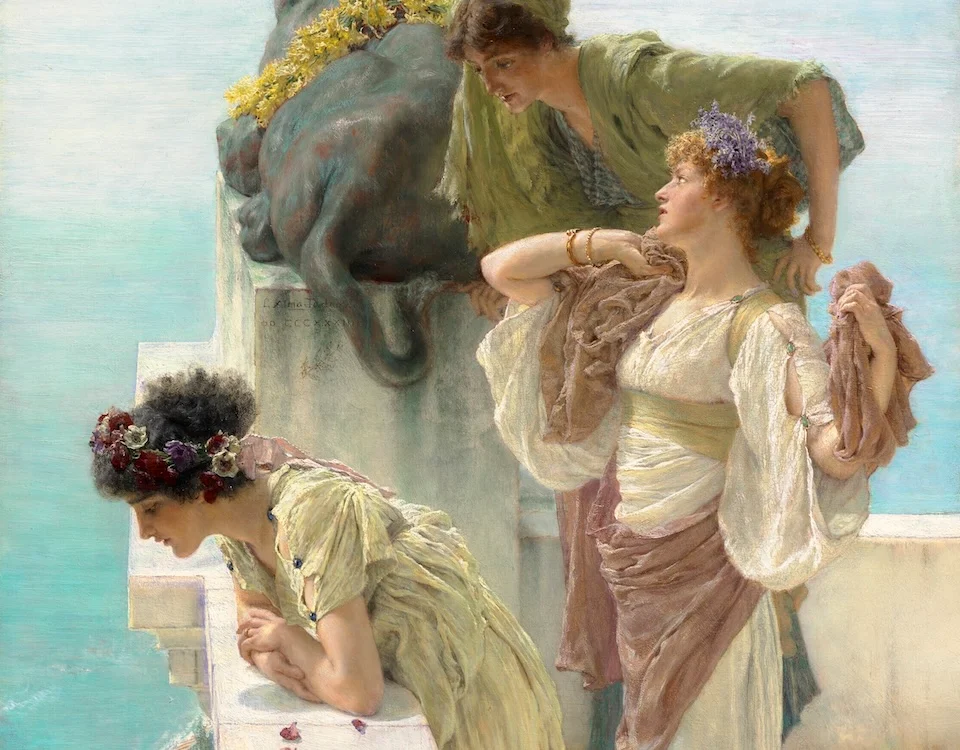 Women gathered beside the sea in flowing pastel gowns, painted by Sir Lawrence Alma-Tadema for Ebby Magazine’s June 2026 horoscopes.