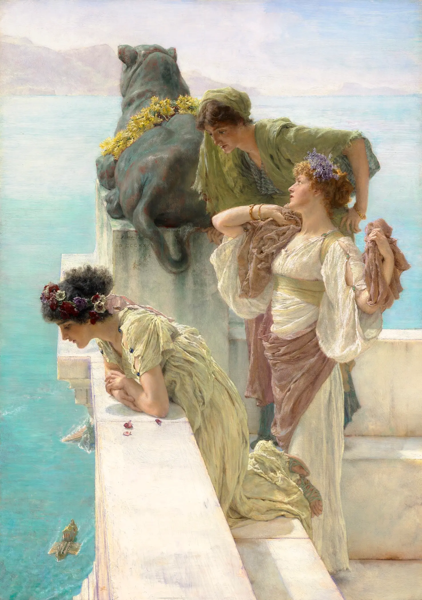 A Coign of Vantage by Sir Lawrence Alma-Tadema featuring three women in flowing Greco-Roman dresses overlooking a serene turquoise sea beneath a soft summer sky.