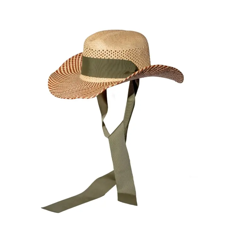 Wide-brim two-tone woven cowboy hat with olive green ribbon band and long ties featured as an Ebby Magazine Editors Pick