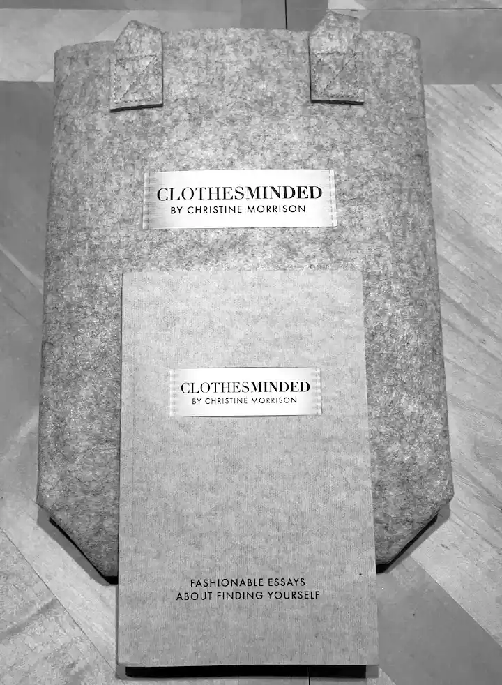Clothes Minded book and branded tote bag by Christine Morrison photographed in soft neutral tones.