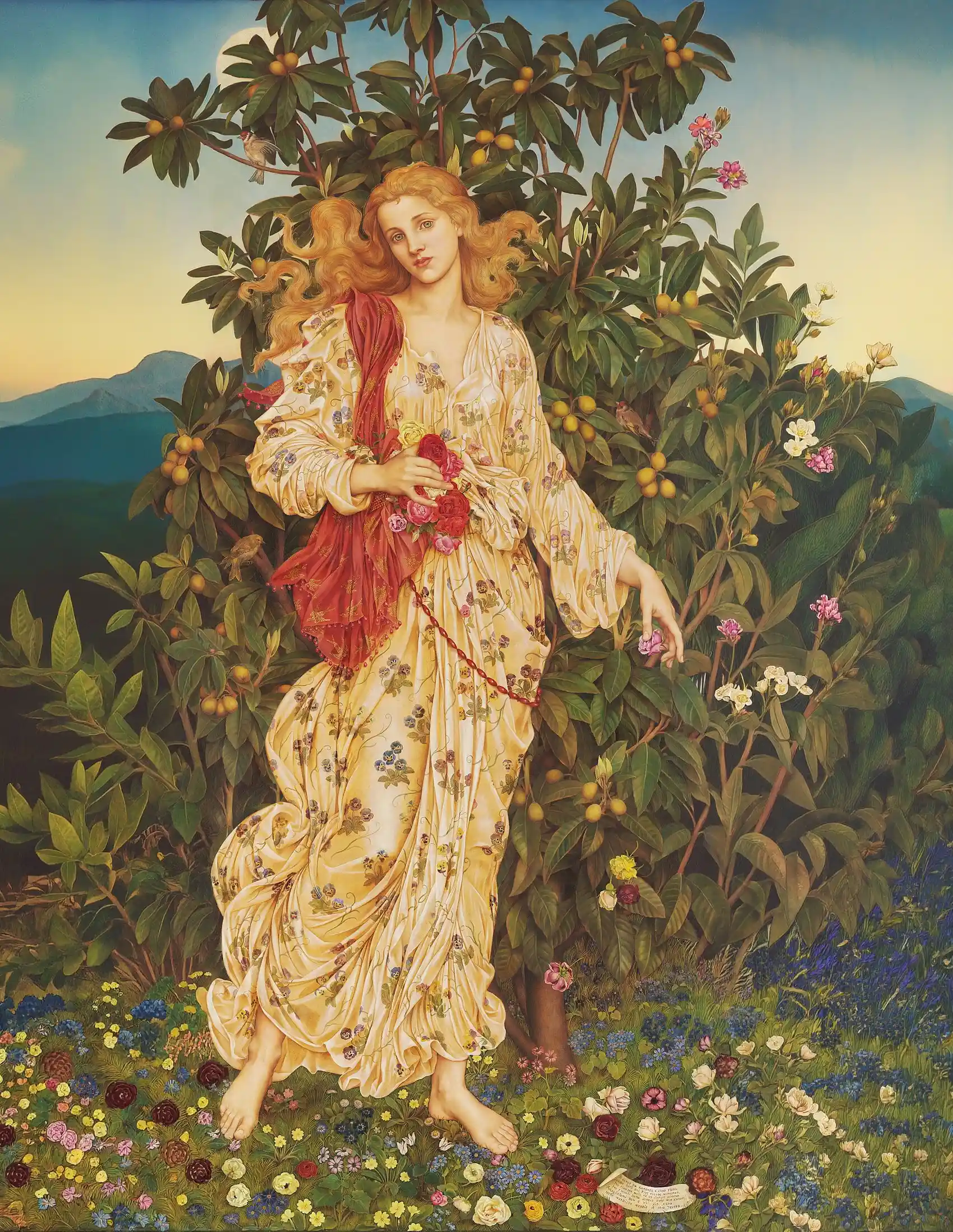 Flora (1894) by Evelyn De Morgan depicting a woman surrounded by blooming flowers and lush greenery, symbolizing growth, beauty, and the abundance of summer.