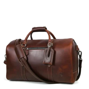 Leather travel duffel bag in rich brown leather