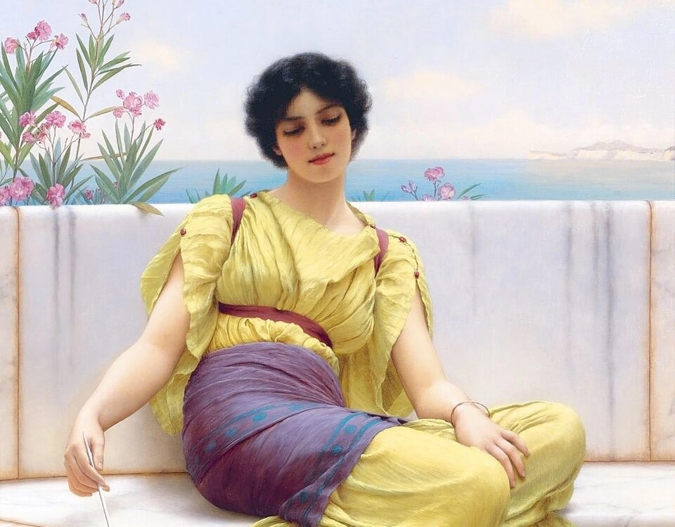 August 2026 horoscopes artwork featuring Idleness (1900) by John William Godward depicting a contemplative woman beside a tranquil sea.