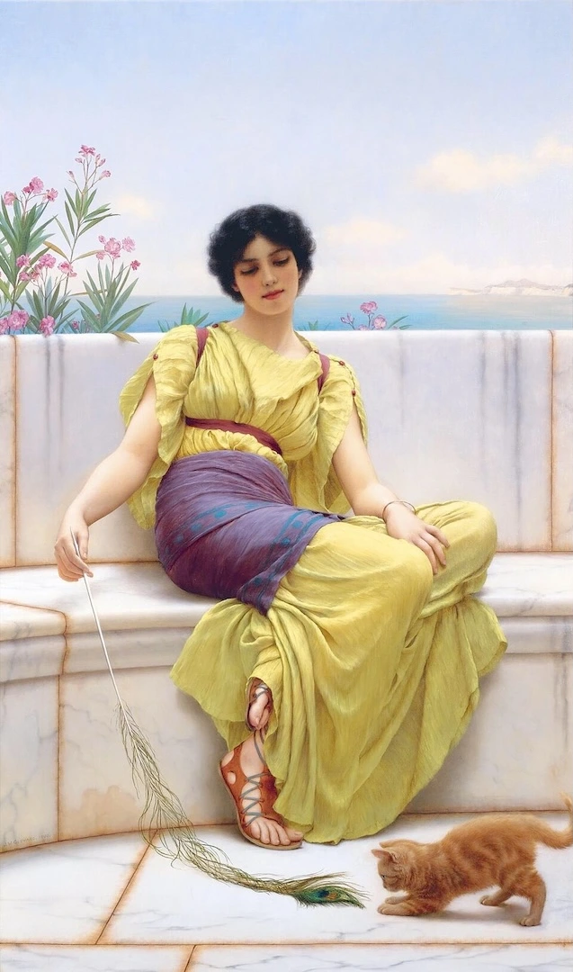 Idleness (1900) by John William Godward depicting a woman in classical dress with a kitten, featured in Ebby Magazine’s August 2026 horoscopes.