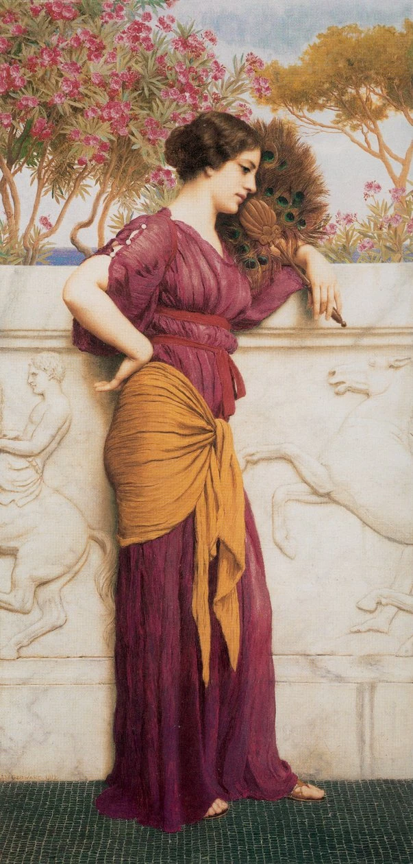 John William Godward’s 1912 painting The Peacock Fan, full-length view of a woman in a plum and gold dress holding a peacock feather fan.