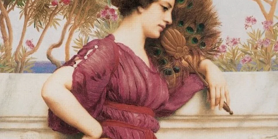 ohn William Godward’s 1912 painting The Peacock Fan, featuring a woman in a plum dress with a peacock feather fan.