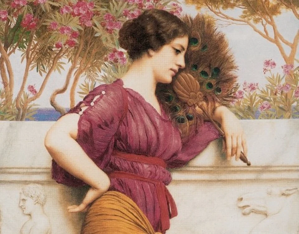 ohn William Godward’s 1912 painting The Peacock Fan, featuring a woman in a plum dress with a peacock feather fan.